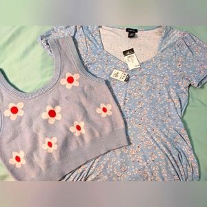 Lot of 2 ditzy daisy flower sweetheart square neck dress crop top babydoll sz LG